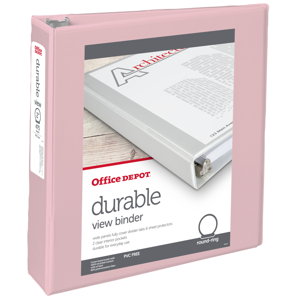 Office Depot Brand 3-Ring Durable View Binder, 2in Round Rings, Blush MPN:71618