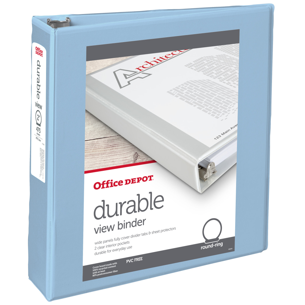 Office Depot Brand 3-Ring Durable View Binder, 2in Round Rings, Baby Blue MPN:71621