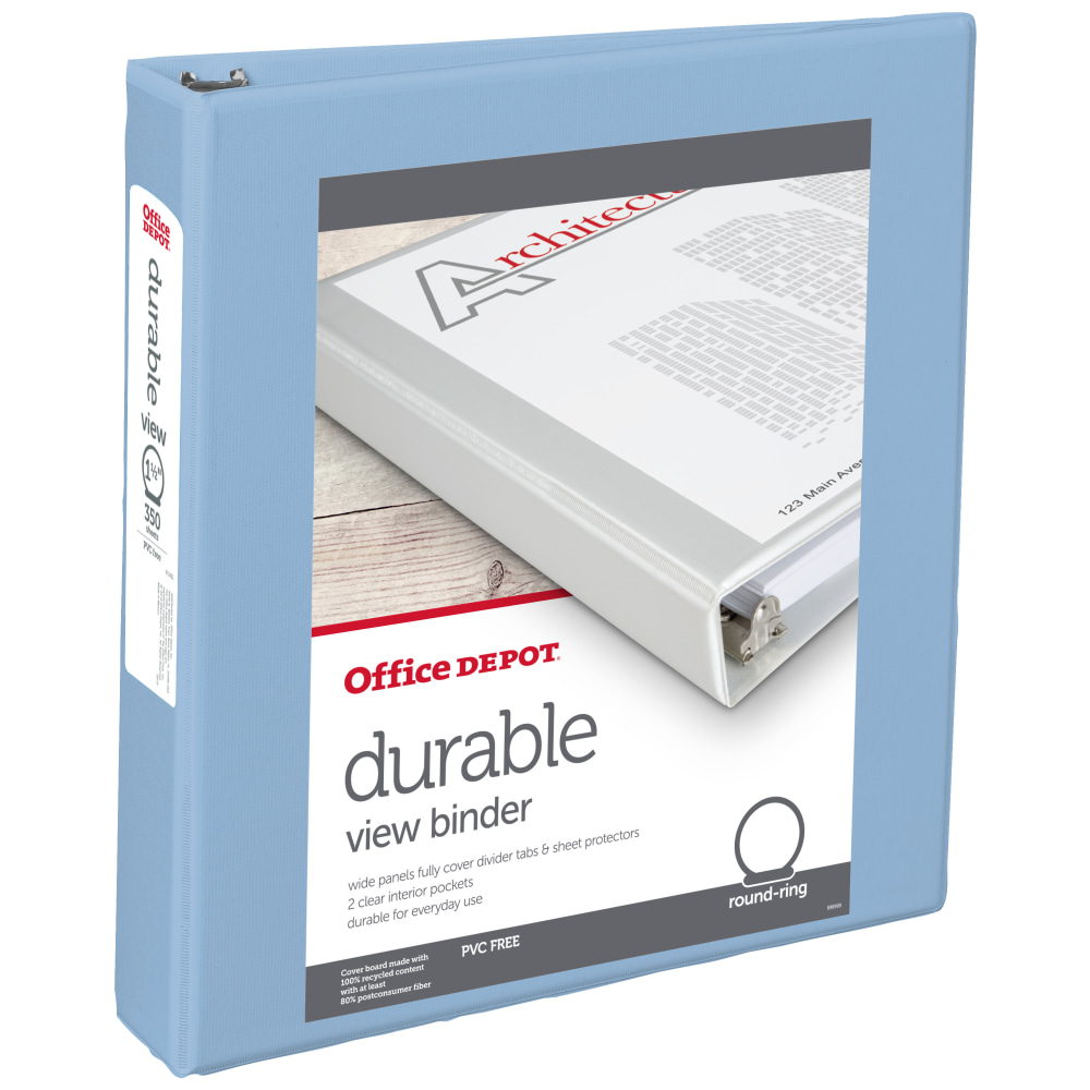 Office Depot Brand 3-Ring Durable View Binder, 1-1/2in Round Rings, Baby Blue MPN:71622