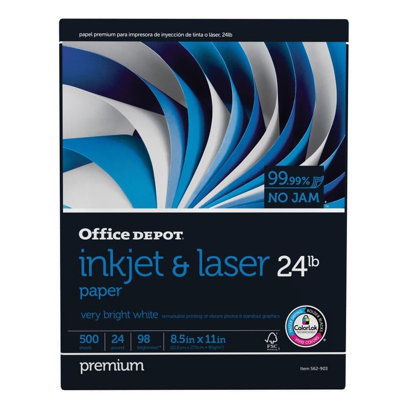 Office Depot Brand Inkjet & Laser Paper, Letter Size (8 1/2in x 11in), 24 Lb, 98 Bright, Ream Of 500 Sheets (Min Order Qty 7) MPN:3891