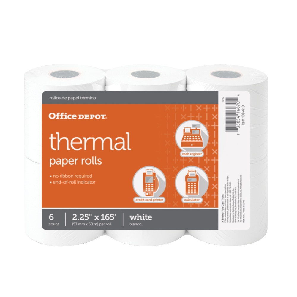 Office Depot Brand Thermal Paper Rolls, 2-1/4in x 165ft, White, Pack Of 6 (Min Order Qty 8) MPN:108610