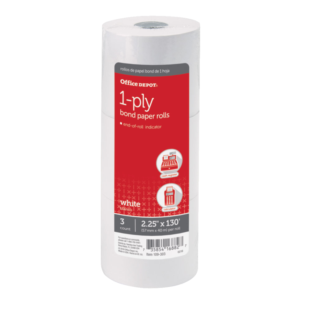 Office Depot Brand 1-Ply Bond Paper Rolls, 2-1/4in x 130ft, White, Pack Of 3 (Min Order Qty 7) MPN:109303