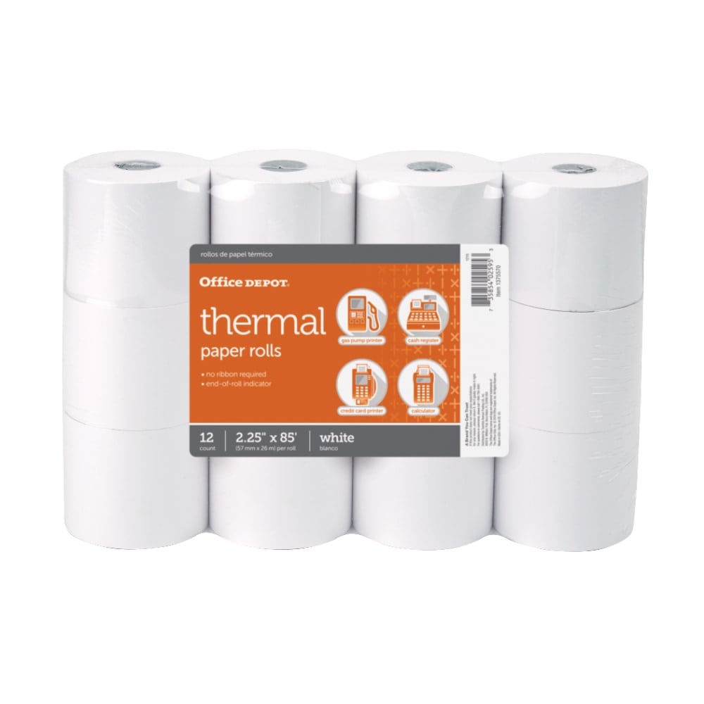 Office Depot Brand Thermal Paper Rolls, 2-1/4in x 85ft, White, Pack of 12 (Min Order Qty 7) MPN:1375570