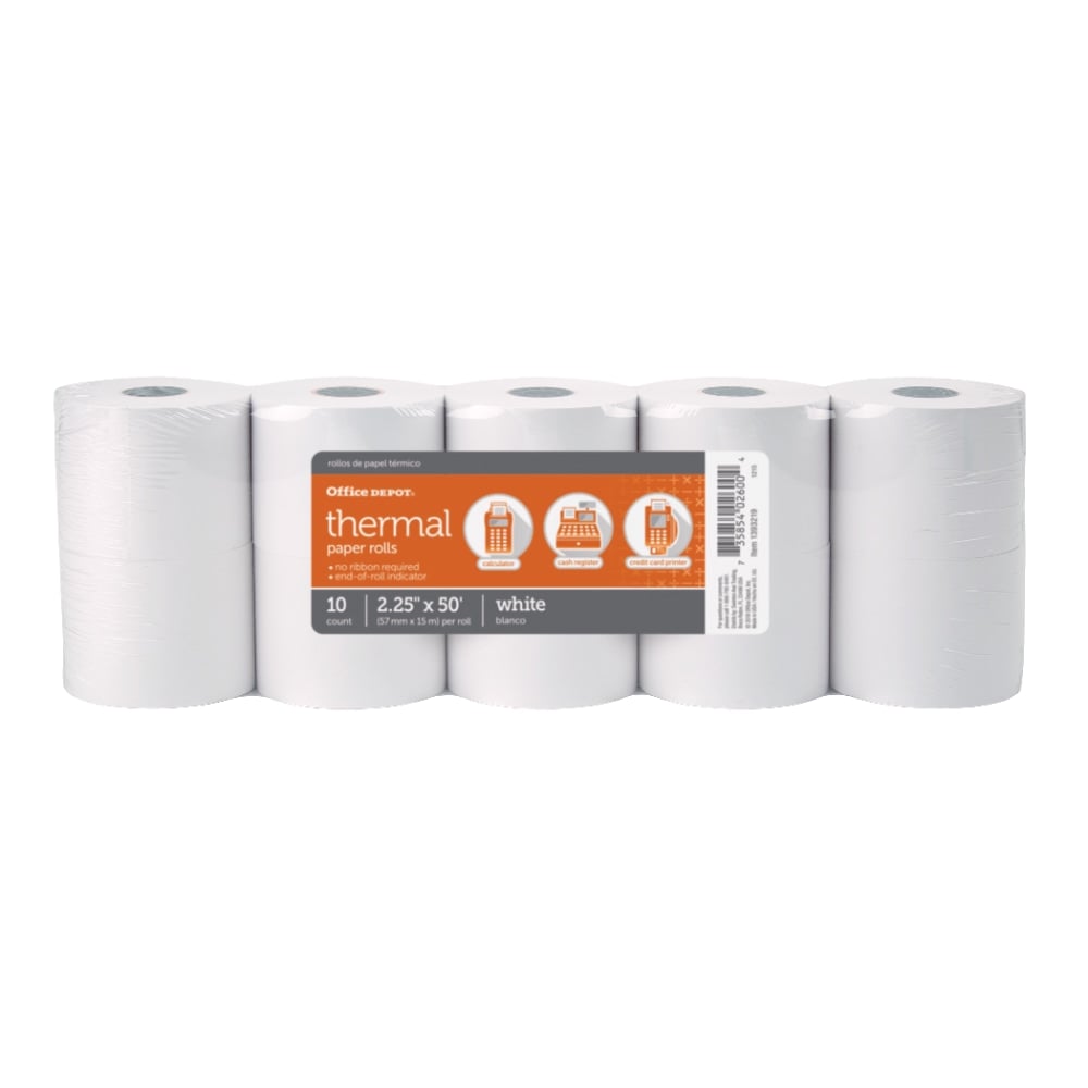 Office Depot Brand Thermal Paper Rolls, 2-1/4in x 50ft, White, Pack Of 10 (Min Order Qty 10) MPN:1393219