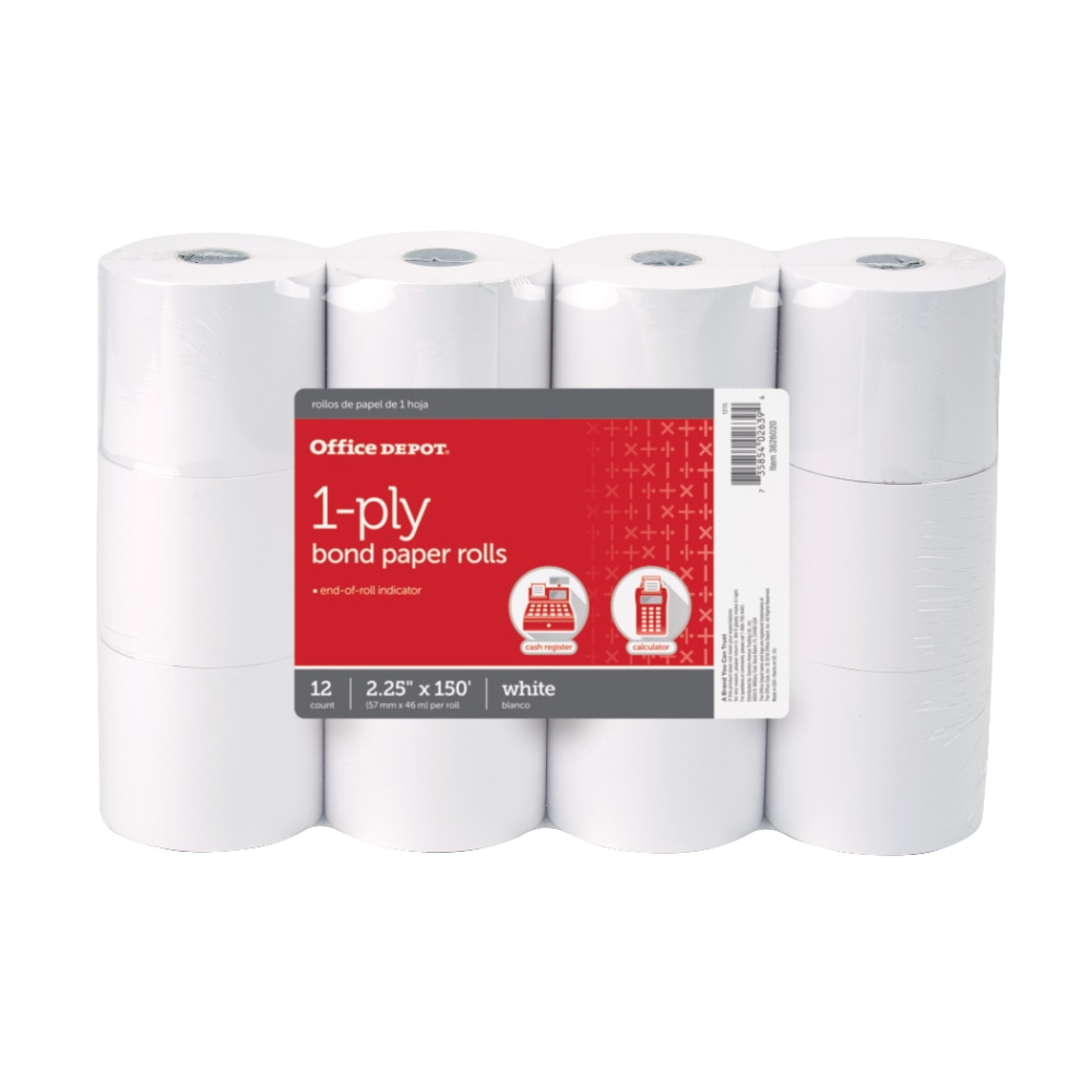 Office Depot Brand Paper Rolls, 2-1/4in x 150ft, White, Pack Of 12 (Min Order Qty 6) MPN:3626020