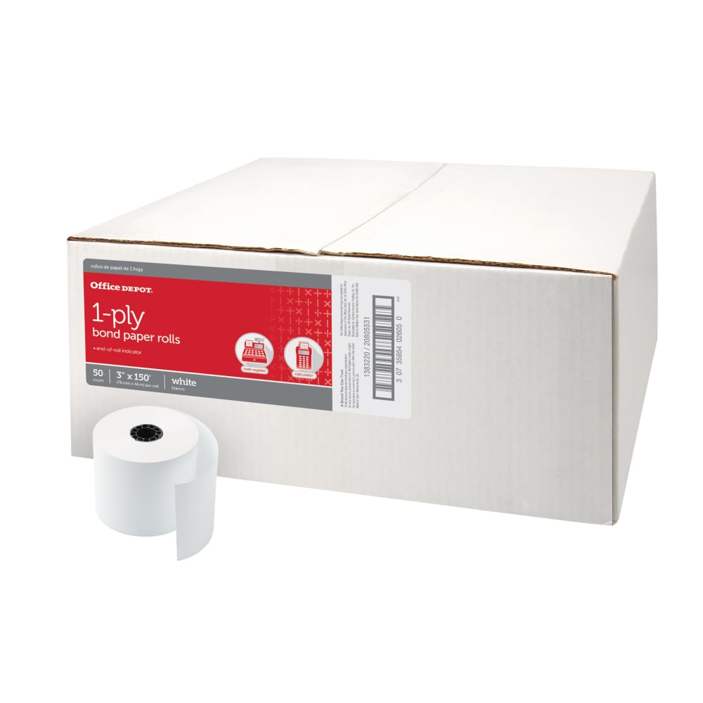 Office Depot Brand 1-Ply Bond Paper Rolls, 3in x 150ft, White, Carton Of 50 (Min Order Qty 2) MPN:554045