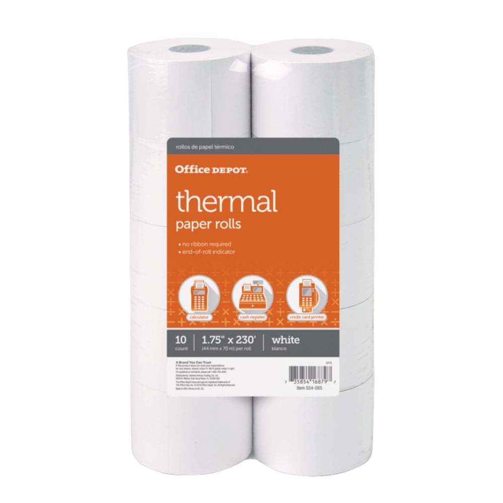 Office Depot Brand Thermal Paper Rolls, 1-3/4in x 230ft, White, Pack Of 10 (Min Order Qty 5) MPN:554085