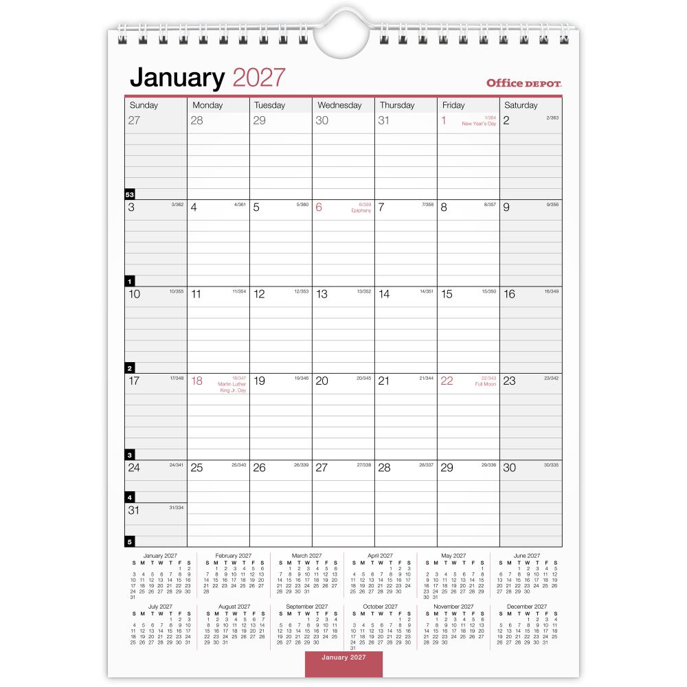 Office Depot Brand Monthly Wall Calendar, 8in x 11in, White, January 2027 to December 2027, OD30132827 MPN:OD30132827