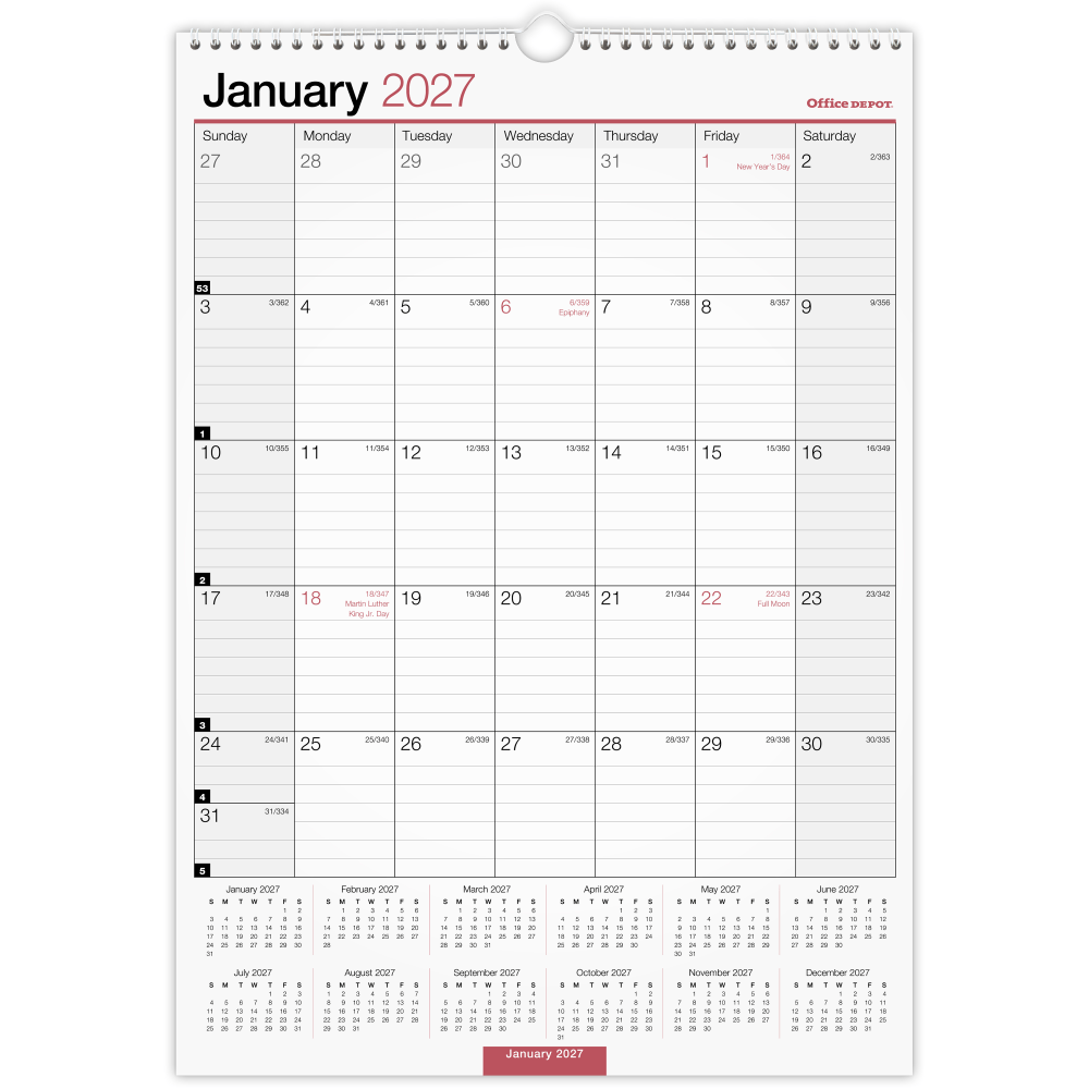 Office Depot Brand Monthly Wall Calendar, 12in x 17in, White, January 2027 to December 2027, OD30162827 MPN:OD30162827