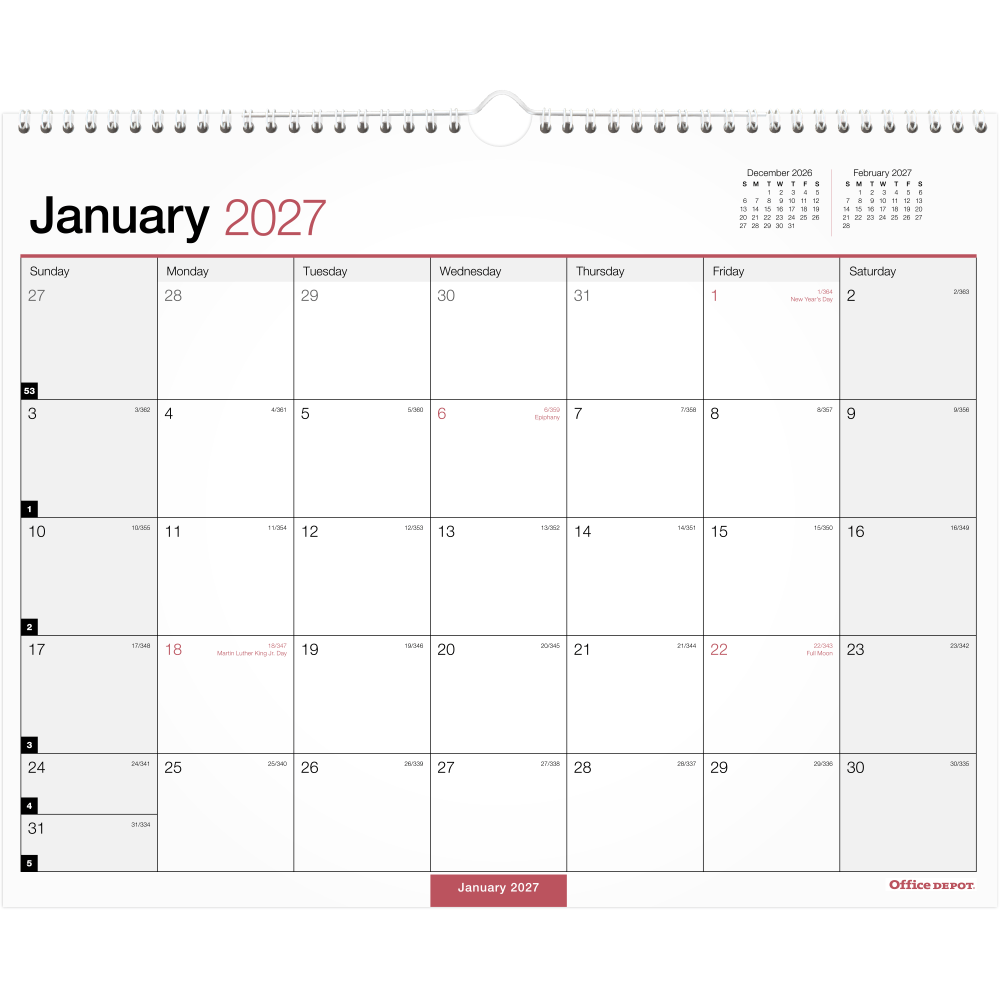 Office Depot Brand Monthly Wall Calendar, 15in x 12in, White, January 2027 to December 2027, OD30242827 MPN:OD30242827