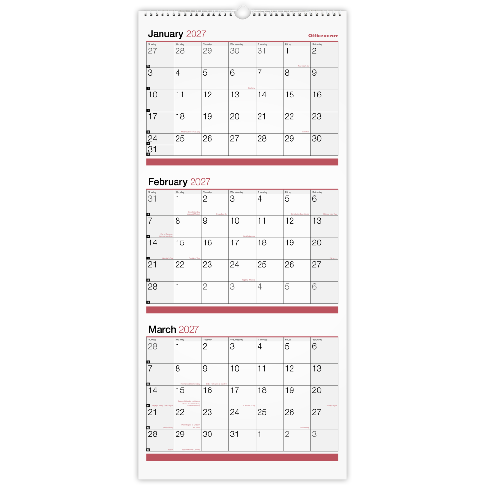 Office Depot Brand 3-Month Monthly Wall Calendar, 12in x 27in, White, January 2027 to December 2027, OD30302827 MPN:OD30302827