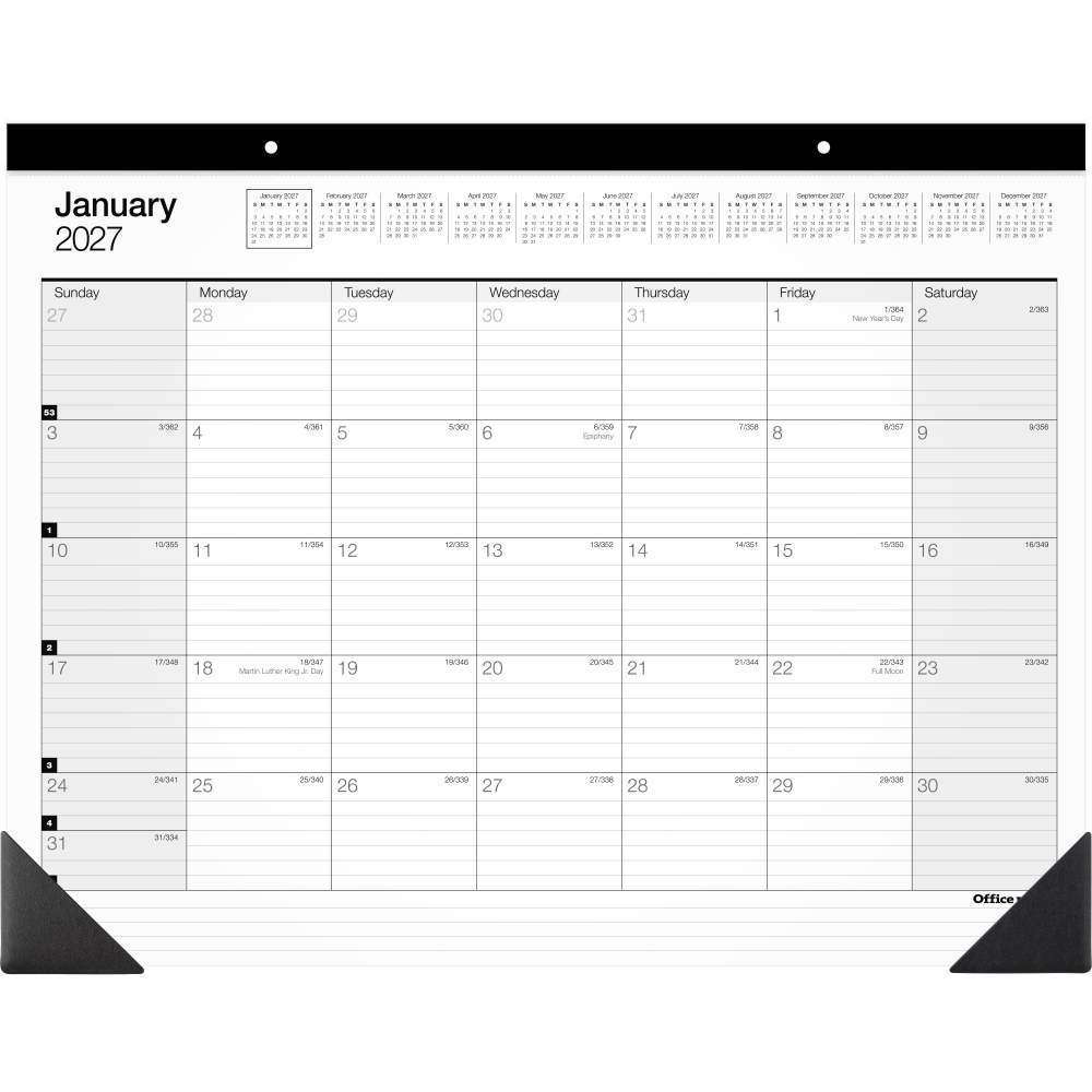 Office Depot Brand Monthly Desk Pad Calendar, 21 3/4in x 17in, White/Black, January 2027 to December 2027, SP24D0027 MPN:SP24D0027