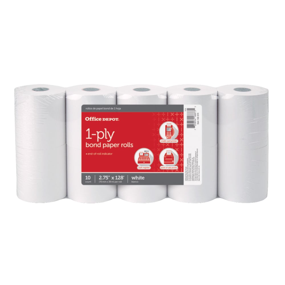 Office Depot Brand 1-Ply Bond Paper Rolls, 2-3/4in x 128ft, White, Pack Of 10 (Min Order Qty 4) MPN:108974