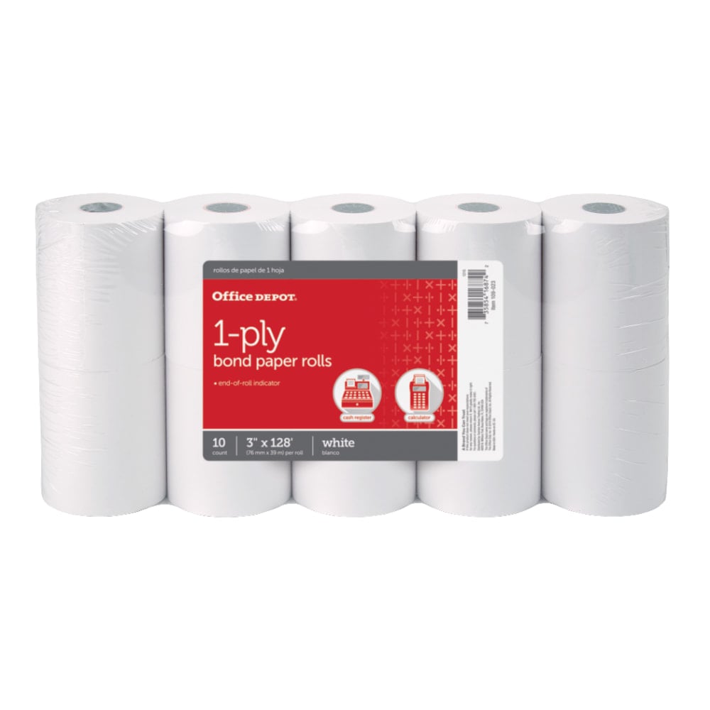 Office Depot Brand 1-Ply Bond Paper Rolls, 3in x 128ft, White, Pack Of 10 (Min Order Qty 7) MPN:109023