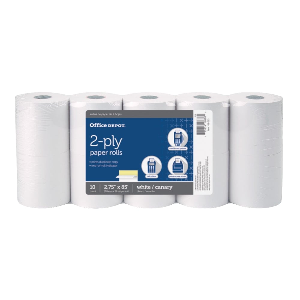 Office Depot Brand 2-Ply Paper Rolls, 2-3/4in x 85ft, Canary/White, Pack Of 10 (Min Order Qty 3) MPN:109093