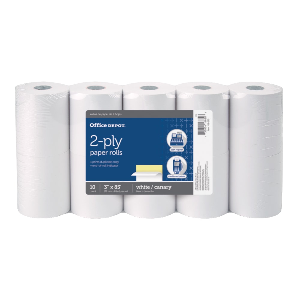 Office Depot Brand 2-Ply Paper Rolls, 3in x 85ft, Canary/White, Pack Of 10 (Min Order Qty 5) MPN:109275