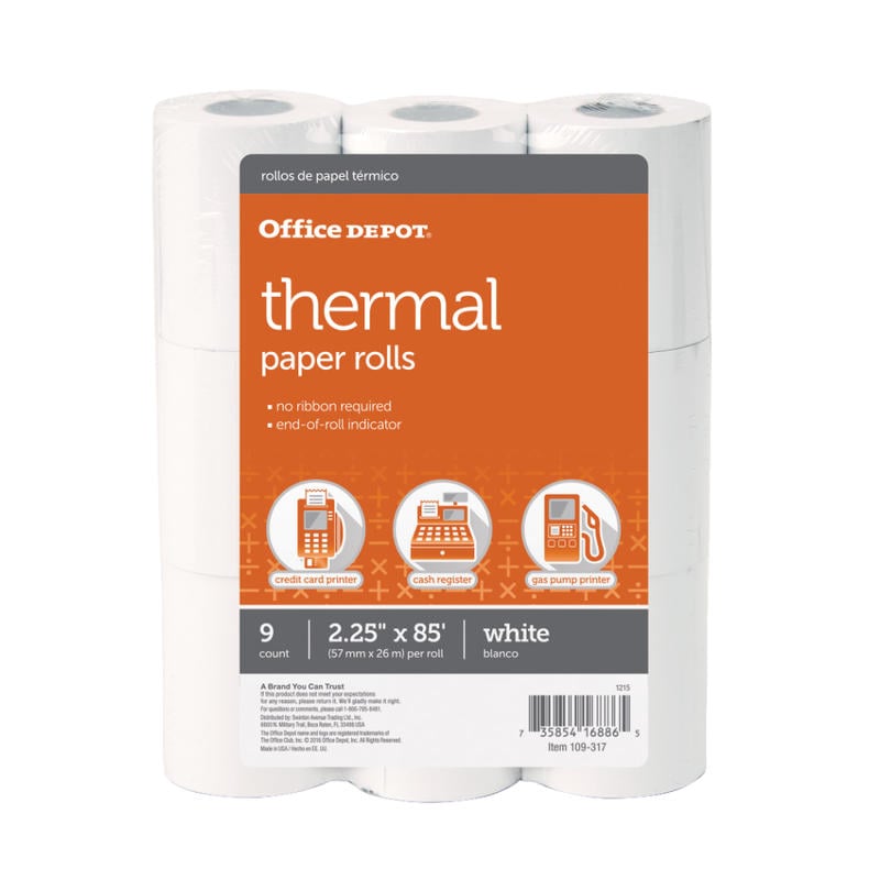 Office Depot Brand Thermal Paper Rolls, 2-1/4in x 85ft, White, Pack Of 9 (Min Order Qty 9) MPN:109317