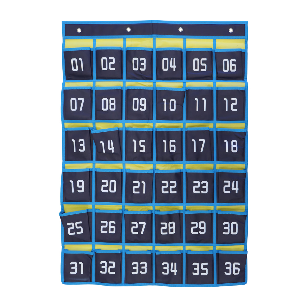 Office Depot Brand Hanging 36-Pocket Cell Phone Storage Classroom Organizer, 37-13/16in x 26-7/16in, Blue/Yellow MPN:RA6796