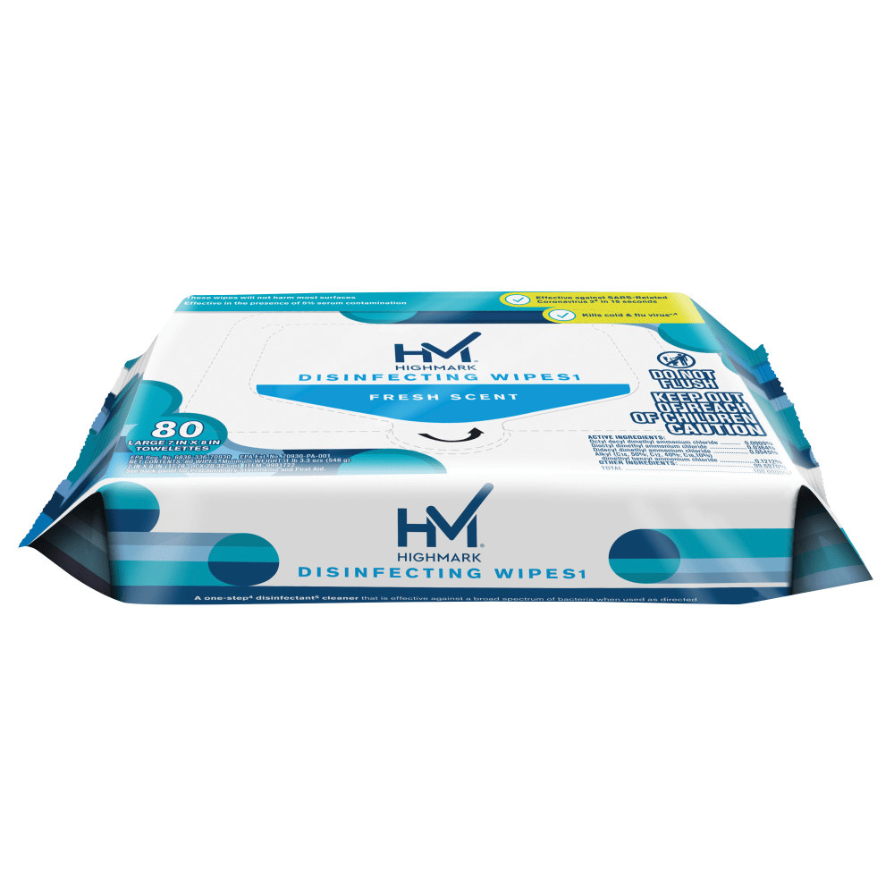 Highmark Disinfecting Wipes1, Flat Pack, White, 7in x 8in, 80 Wipes Per Pack, MPN:3307