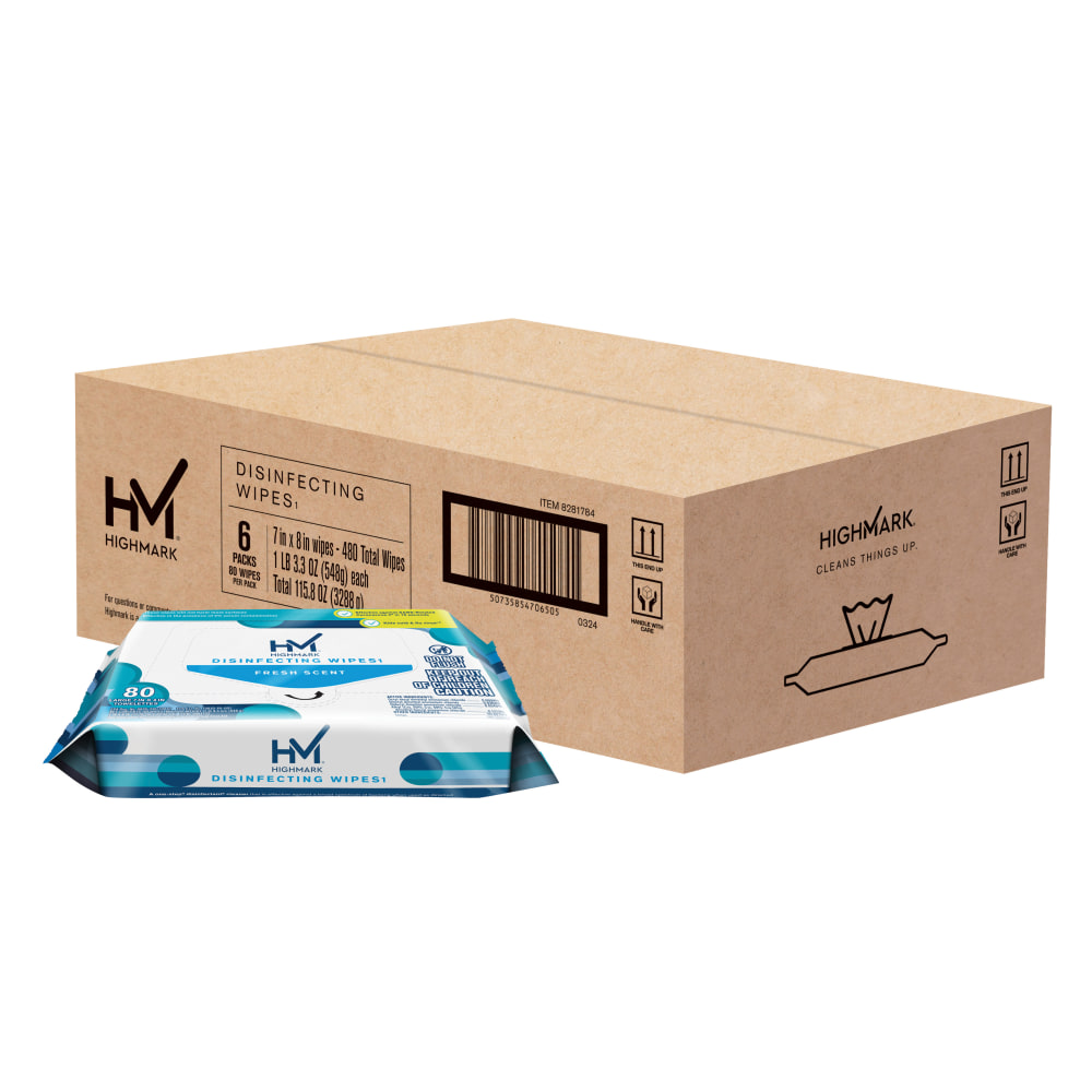 Highmark Disinfecting Wipes, Fresh Scent, 7in x 8in, 80 Wipes Per Flat Pack, 100% Recycled, White, Case Of 6 Packs MPN:3307CA