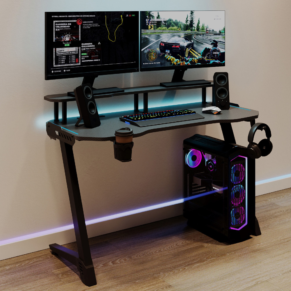 RS Gaming Venno 2.0 RGB Gaming Computer Desk with Hutch & Integrated Power, Black, BIFMA Compliant MPN:GFD022-4824-US235