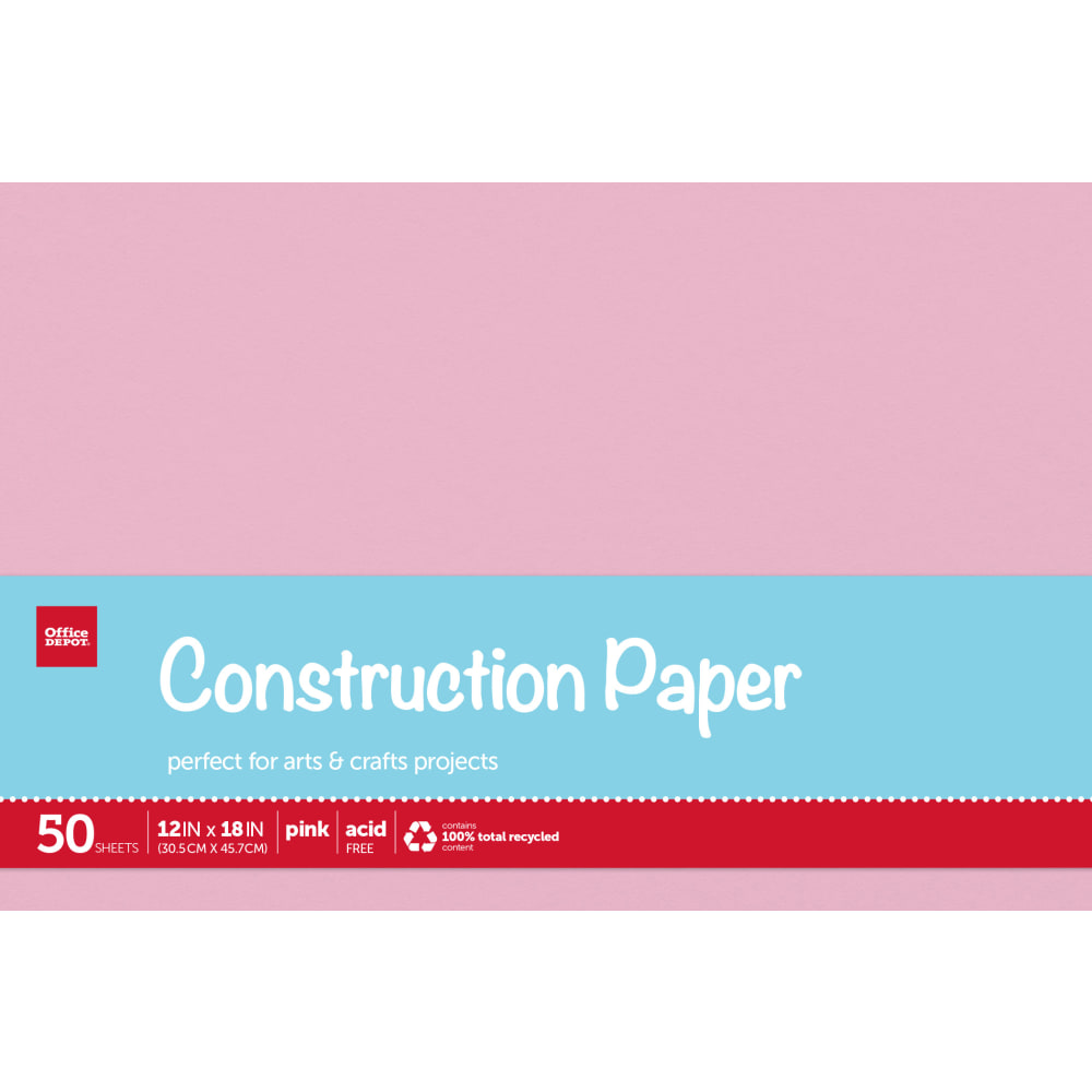 Office Depot Brand Construction Paper, 12in x 18in, 100% Recycled, Pink, Pack Of 50 Sheets MPN:SI/1002C