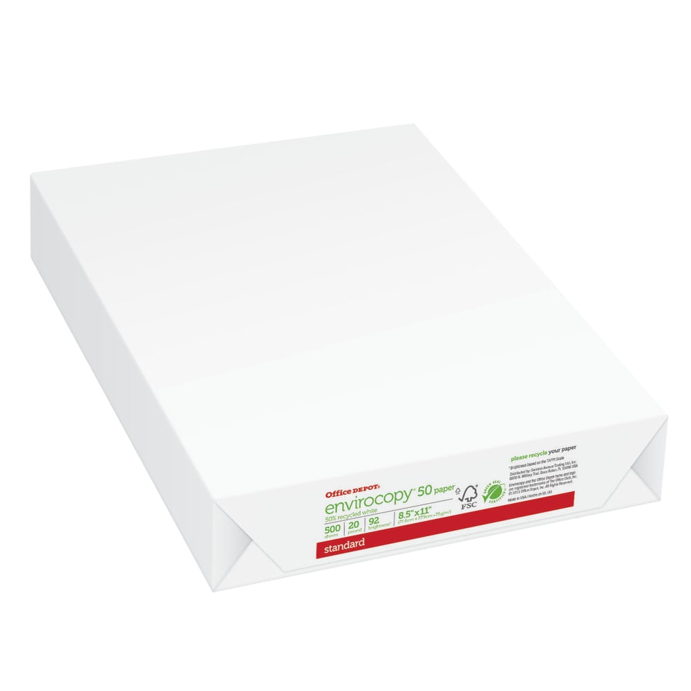 Office Depot EnviroCopy Copy Paper, White, Letter (8.5in x 11in), 500 Sheets Per Ream, 20 Lb, 92 Brightness, 50% Recycled, FSC Certified (Min Order Qty 8) MPN:1795RM