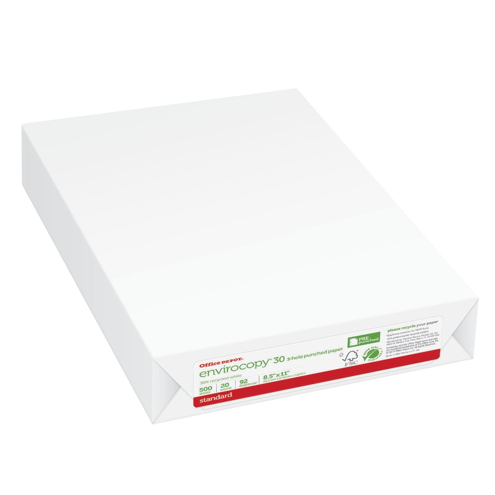 Office Depot EnviroCopy 3-Hole Punched Copy Paper, White, Letter (8.5in x 11in), 500 Sheets Per Ream, 20 Lb, 92 Brightness, 30% Recycled, FSC Certified, 651031OD-RM (Min Order Qty 8) MPN:651031OD-RM