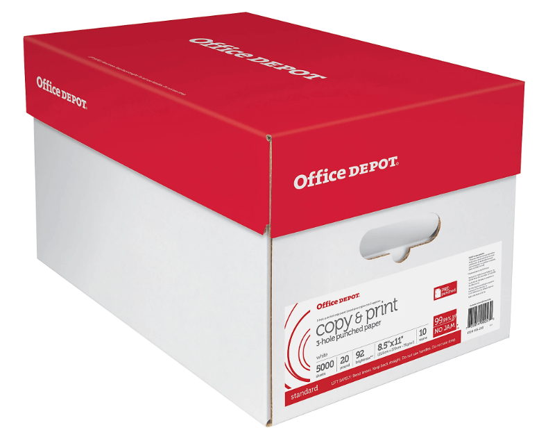 Office Depot 3-Hole Punched Multi-Use Printer & Copy Paper, White, Letter (8.5in x 11in), 5000 Sheets Per Case, 20 Lb, 92 Brightness, Case Of 10 Reams MPN:851031OD
