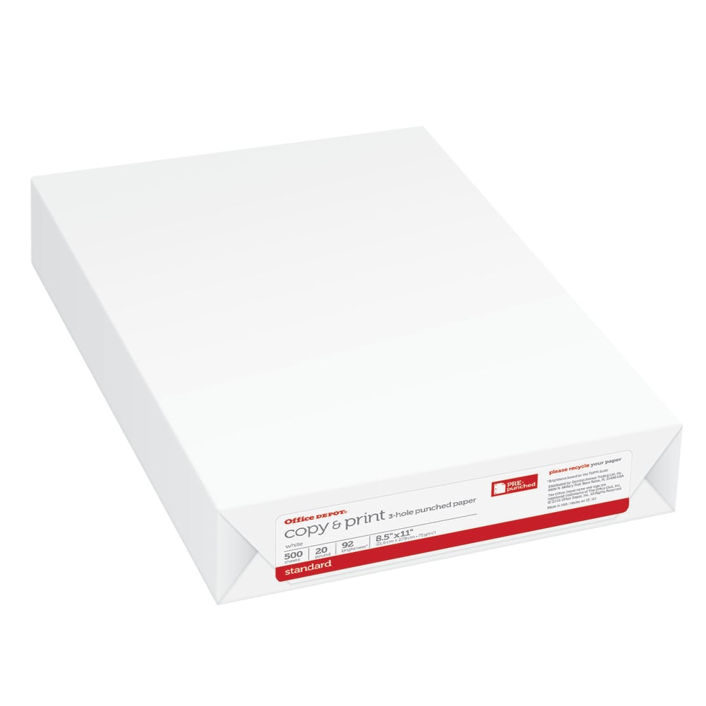 Office Depot 3-Hole Punched Multi-Use Printer & Copy Paper, White, Letter (8.5in x 11in), 500 Sheets Per Ream, 20 Lb, 92 Brightness (Min Order Qty 9) MPN:851031ODRM