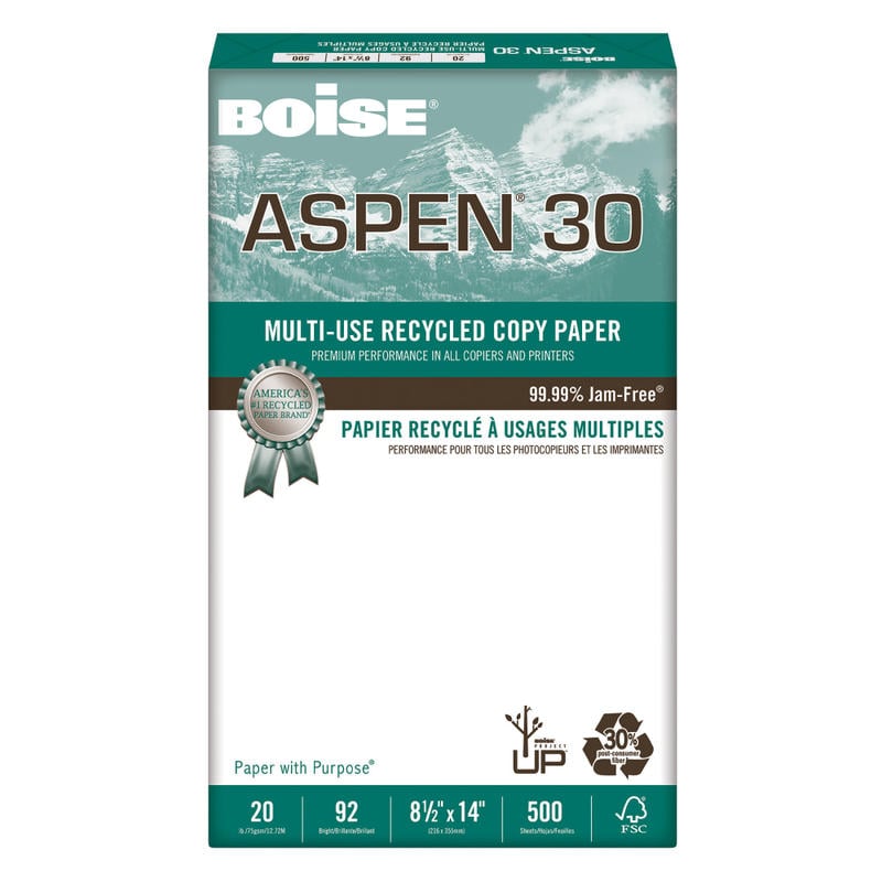 Boise ASPEN 30 Multi-Use Printer & Copy Paper, White, Legal (8.5in x 14in), 500 Sheets Per Ream, 20 Lb, 92 Brightness, 30% Recycled, FSC Certified (Min Order Qty 8) MPN:ASPEN30 14 REAM