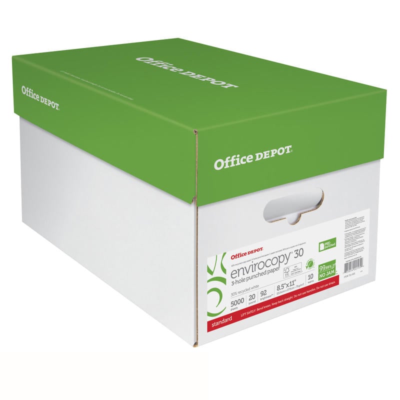 Office Depot EnviroCopy 3-Hole Punched Copy Paper, White, Letter (8.5in x 11in), 5000 Sheets Per Case, 20 Lb, 30% Recycled, FSC Certified, Case Of 10 Reams MPN:OC11203HPR