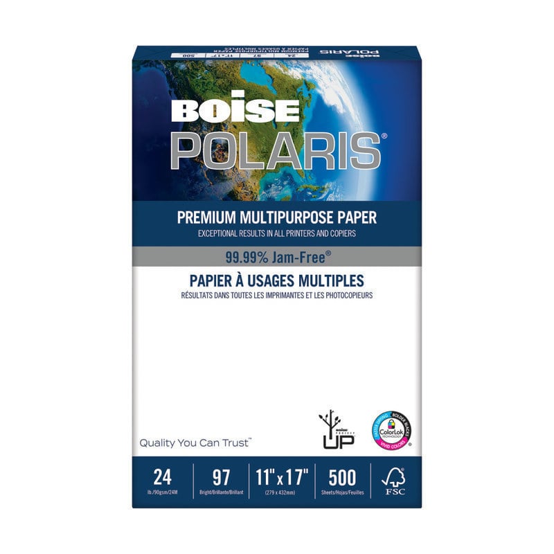Boise POLARIS Premium Multi-Use Printer & Copier Paper, Ledger Size (11in x 17in), Ream Of 500 Sheets, 92 (U.S.) Brightness, 24 Lb, FSC Certified, White (Min Order Qty 4) MPN:POL-2417