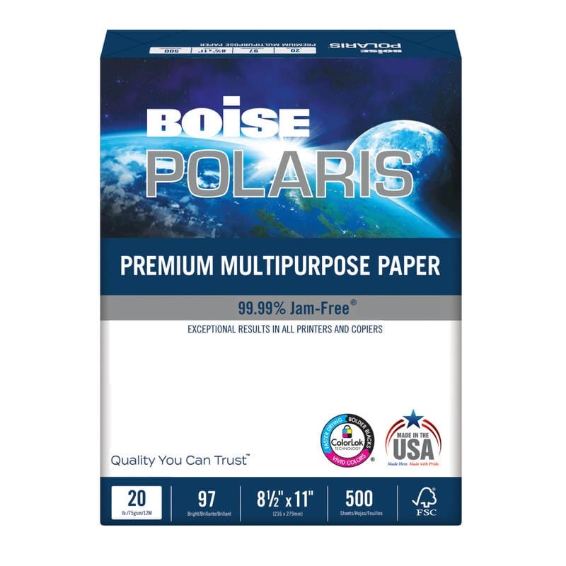 Boise POLARIS Premium Multi-Use Printer & Copier Paper, Letter Size (8 1/2in x 11in), Ream Of 500 Sheets, 92 (U.S.) Brightness, 20 Lb, FSC Certified, White (Min Order Qty 10) MPN:POL-8511