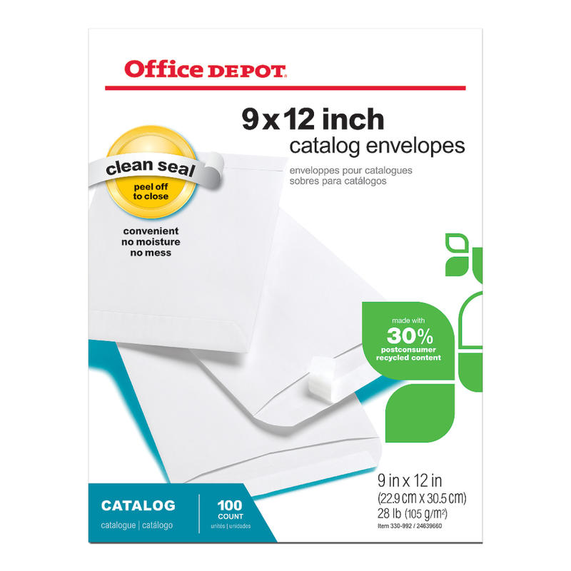Office Depot Brand Catalog Envelopes, 9in x 12in, Clean Seal, 30% Recycled, White, Box Of 100 (Min Order Qty 6) MPN:330992