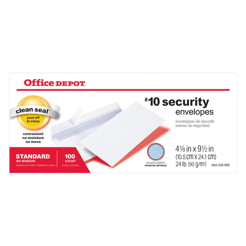 Office Depot Brand #10 Security Envelopes, 4-1/8in x 9-1/2in, Clean Seal, White, Box Of 100 (Min Order Qty 16) MPN:MPA/OD/155