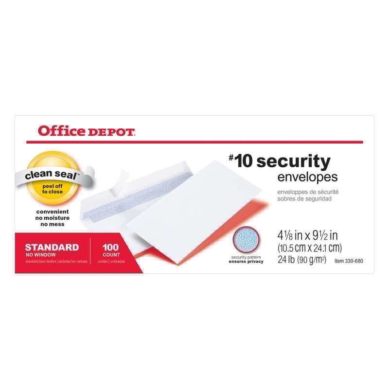 Office Depot Brand #10 Security Envelopes, 4-1/8in x 9-1/2in, Clean Seal, White, Box Of 100 (Min Order Qty 16) MPN:MPA/OD/155