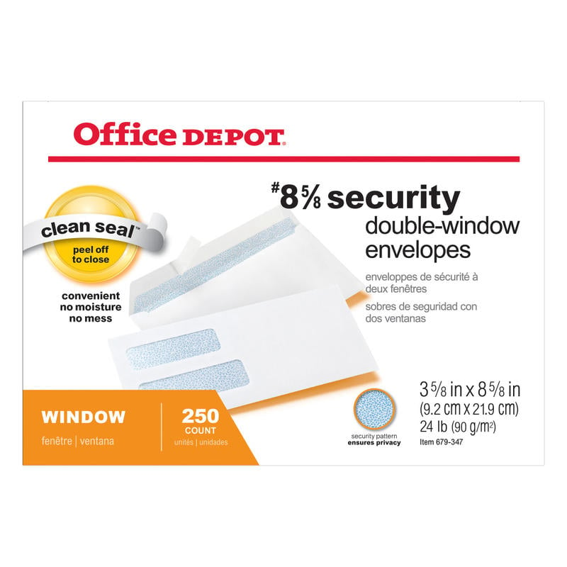 Office Depot Brand #8 5/8 Security Envelopes, Double Window, 3-5/8in x 8-5/8in, Clean Seal, White, Box Of 250 (Min Order Qty 6) MPN:ODP77159