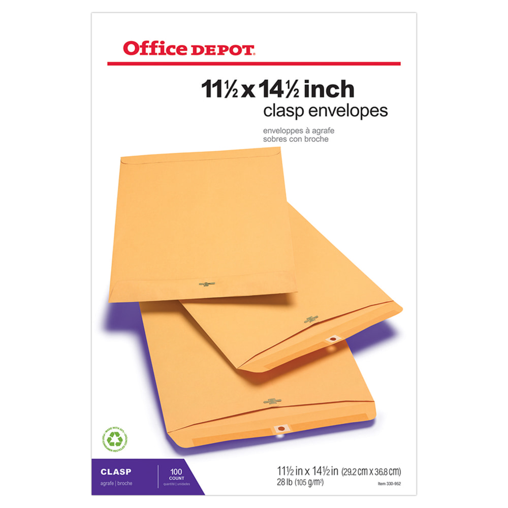 Office Depot Brand Manila Envelopes, 11-1/2in x 14-1/2in, Clasp Closure, Brown Kraft, Box Of 100 (Min Order Qty 3) MPN:ODP77905