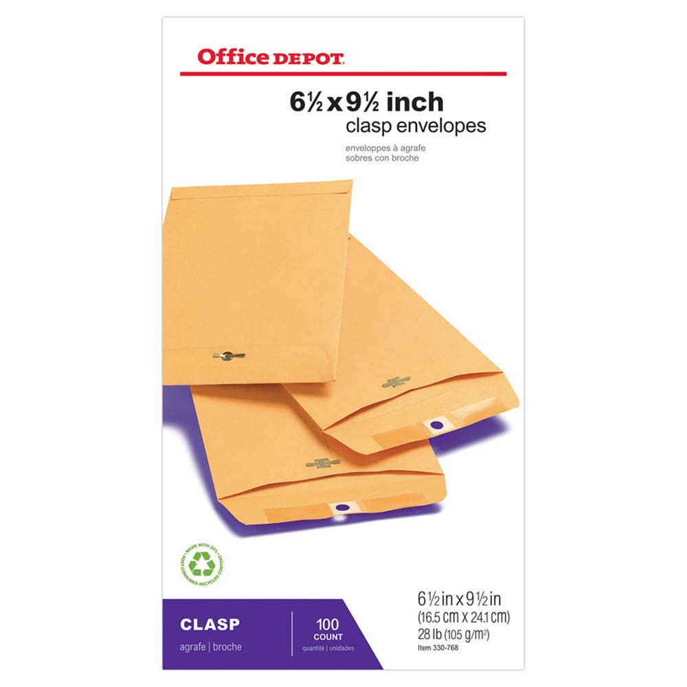 Office Depot Brand 6-1/2in x 9-1/2in Manila Envelopes, Clasp Closure, Brown Kraft, Box Of 100 (Min Order Qty 8) MPN:ODP77963