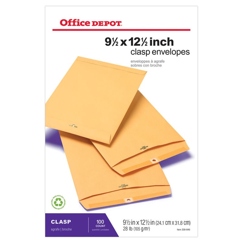 Office Depot Brand Manila Envelopes, 9-1/2in x 12-1/2in, Clasp Closure, Brown Kraft, Box Of 100 (Min Order Qty 4) MPN:ODP77993