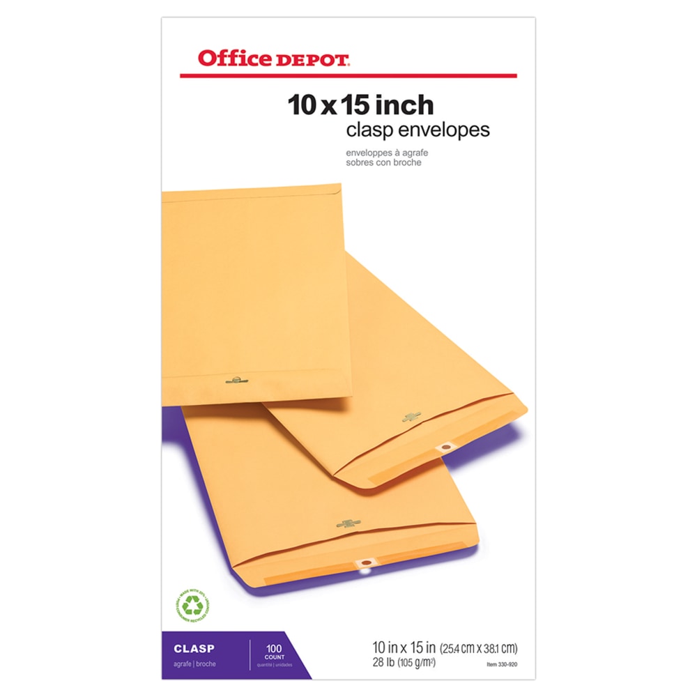 Office Depot Brand 10in x 15in Manila Envelopes, Clasp Closure, Brown Kraft, Box Of 100 (Min Order Qty 5) MPN:ODP77998