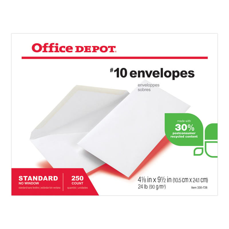 Office Depot Brand #10 Envelopes, Gummed Seal, 30% Recycled, White, Pack Of 250 (Min Order Qty 6) MPN:ODP77R02