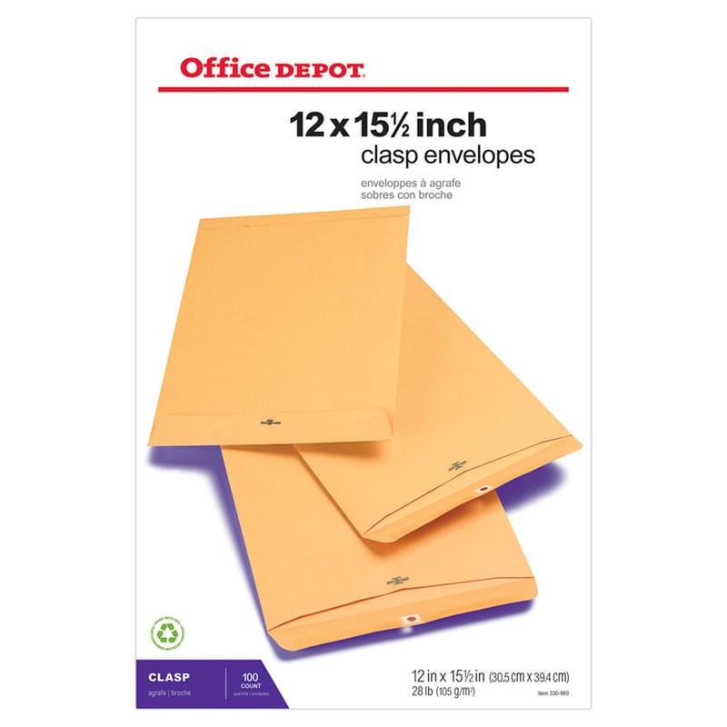 Office Depot Brand Manila Envelopes, 12in x 15-1/2in, Clasp Closure, Brown Kraft, Box Of 100 (Min Order Qty 3) MPN:ODP78910