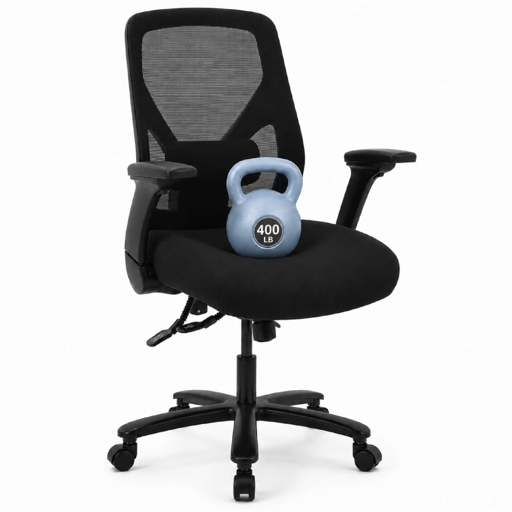 Realspace MFTC 400 Big & Tall Ergonomic Mesh/Fabric High-Back Chair with Flip-Up Armrests, Black/Black, BIFMA Compliant MPN:GF-50937H
