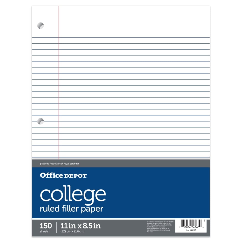 Office Depot Brand Notebook Filler Paper, College-Ruled, 8 1/2in x 11in, 3-Hole Punched, White, Pack Of 150 Sheets (Min Order Qty 39) MPN:17999-17015