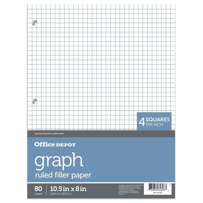Office Depot Brand Quadrille-Ruled Notebook Filler Paper, 8in x 10 1/2in, White, Pack Of 80 Sheets (Min Order Qty 69) MPN:19013