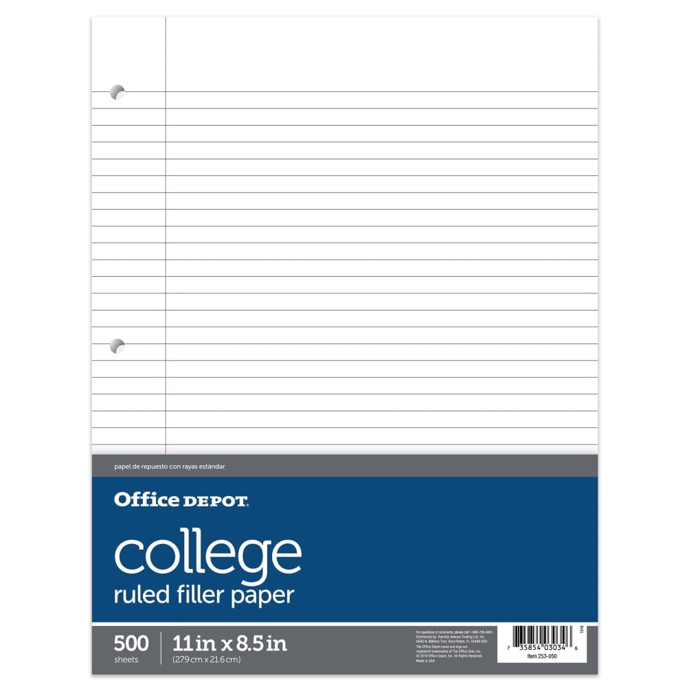 Office Depot Brand Ruled Filler Paper, 8 1/2in x 11in, College Ruled, White, Ream Of 500 Sheets (Min Order Qty 13) MPN:4170501