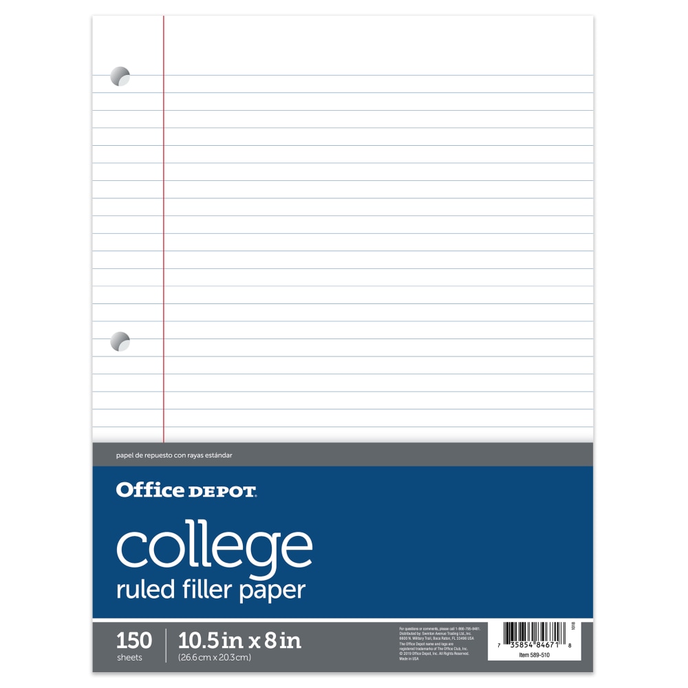 Office Depot Brand Notebook Filler Paper, College-Ruled, 8in x 10 1/2in, White, Pack Of 150 Sheets (Min Order Qty 43) MPN:F15001C