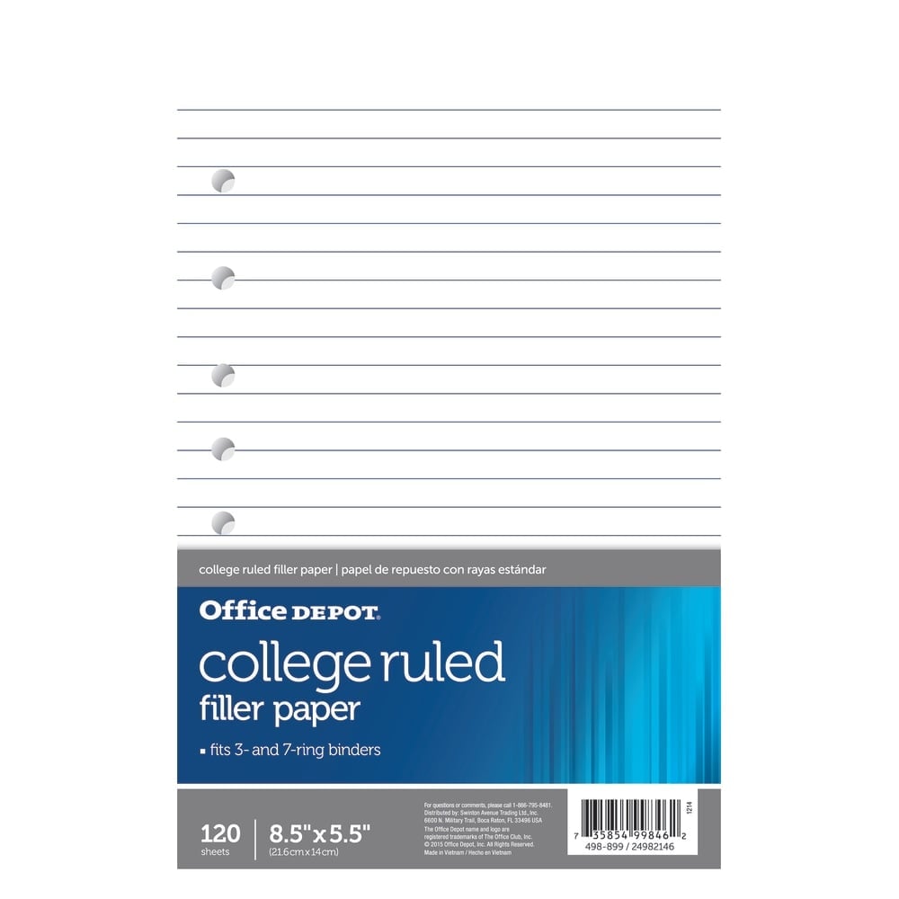 Office Depot Brand College-Ruled Notebook Filler Paper, 7-Hole Punched, 8 1/2in x 5 1/2in, 120 Sheets (Min Order Qty 16) MPN:HPS-498899